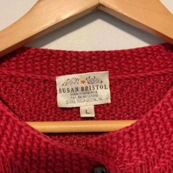 Vintage hand knitted red green cardigan sweater by Susan Bristol large - Picture 4 of 8